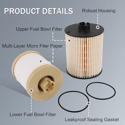 CARMOCAR FD4617 Diesel Fuel Filter replacement for 2008 2009 2010 Ford 6.4L F250 F350 F450 F550 Super Duty includes lower lifter pump and upper fuel bowl filter FD-4617 3C346731AA 3C346731AB