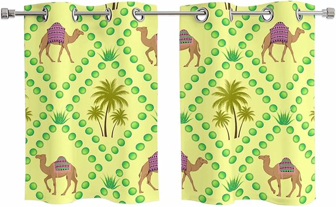 2 Panel Kitchen Cafe Curtains, Desert Sand Camels Sunlight Filtering Nature Air Through, Window Decor Tier Curtains for Living Room 55W x 39L inch Palm Trees Tropical Plants Polka Dot Yellow
