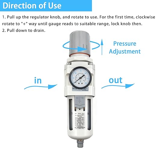 XingNEeng 1/2" NPT Compressed Air Filter Regulator Combo Piggyback, Water/Oil Trap Separator with Pressure Gauge(0-150 psi), Semi-Auto Drain, Poly Bowl, 5 Micron Brass Element, Metal Bracket