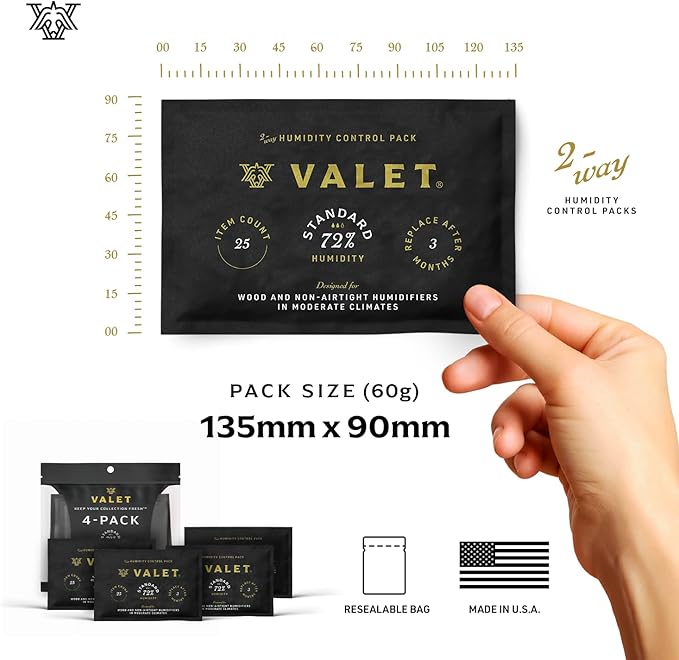 Valet 72% Two-Way Humidity Packs for Wood Containers, 12-Pack, 60g Each, Humidifier Pack Prevents Leaks and Controls Moisture with Natural Craft Paper Design