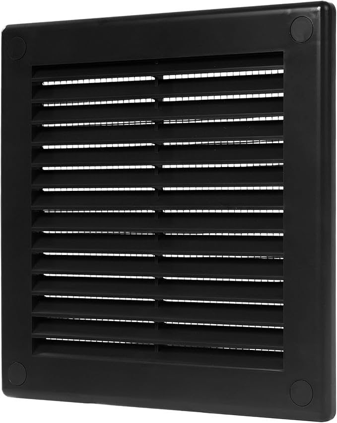 Repa Market 6 x 6 Inch (Outer) Black Square Air Vent Cover - Pack of 2 Plastic Fresh Air Intake Vent - AC Cover with Nylon Mesh Screen, Wall, Ceiling HVAC Return Air Register, Modern Soffit Vents