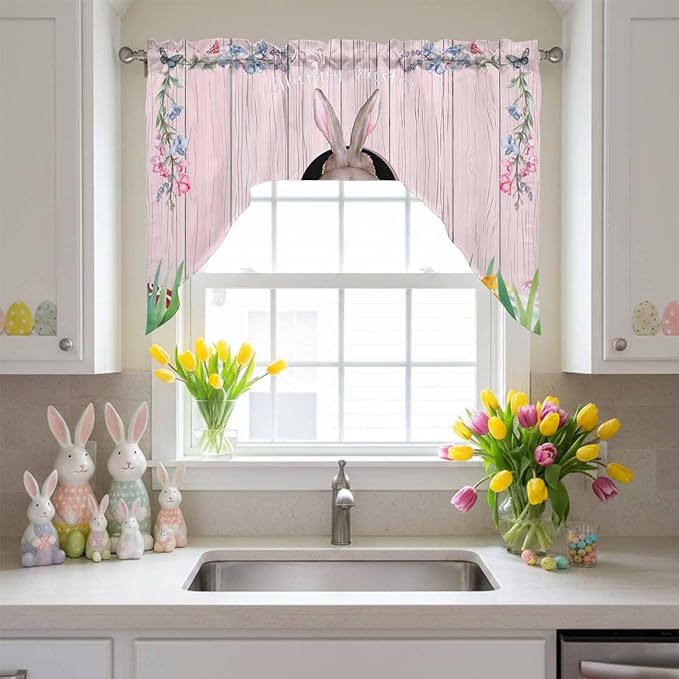 Swag Valance Curtains, Easter Cute Rabbit and Colorful Eggs Rod Pocket Valances Swag Topper for Kitchen Windows, Pink Farm Wooden Barn Light Filtering Short Curtain for Bedroom Bathroom 56x36In