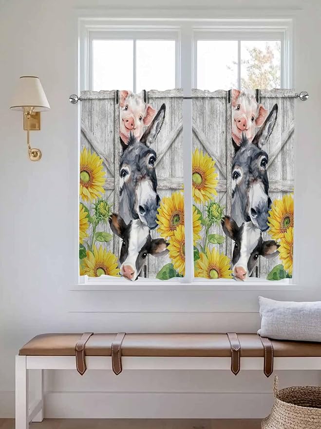 Farmhouse Kitchen Curtains 54 Inches length, Watercolor Sunflowers Animals Printed Wood Grain Window Treatment Curtain Drapes, Decorative Window Curtains for Bedroom Cafe, 52"x54", 2 Panels