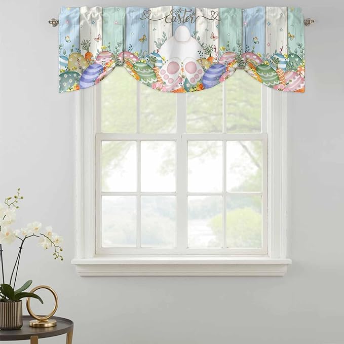 Easter Tie Up Valance Curtains for Windows, Kitchen Curtains Window Shades, Spring Rabbit Ears Foot Flowers Eggs Green Wooden Light Filtering Roman Curtain Valances for Bedroom/Bathroom/Cafe 42"x18"