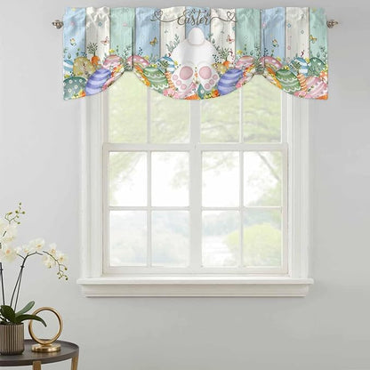 Easter Tie Up Valance Curtains for Windows, Kitchen Curtains Window Shades, Spring Rabbit Ears Foot Flowers Eggs Green Wooden Light Filtering Roman Curtain Valances for Bedroom/Bathroom/Cafe 42"x18"