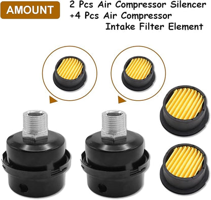 Pack of 2 Air Compressor Silencers with Replacement Elements, 3/8" Thread Intake Filter Silencer, 16mm Metal Filter Noise Muffler Replacement Parts