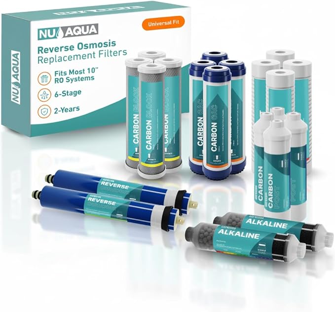 NU Aqua Reverse Osmosis Water Filter System Replacement Set - 6 Stage 2 Year Alkaline Under Sink Kit - Membrane, Sediment, Carbon Filters, Parts & Fittings - Universal RO Filtration Cartridge Pack