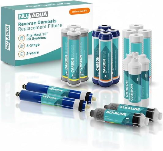 NU Aqua Reverse Osmosis Water Filter System Replacement Set - 6 Stage 2 Year Alkaline Under Sink Kit - Membrane, Sediment, Carbon Filters, Parts & Fittings - Universal RO Filtration Cartridge Pack