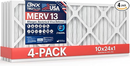 BNX TruFilter 10x24x1 Air Filter MERV 13 (4-Pack) - MADE IN USA - Electrostatic Pleated Air Conditioner HVAC AC Furnace Filters for Allergies, Pollen, Mold, Bacteria, Smoke, Allergen, MPR 1900 FPR 10