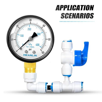 MEANLIN MEASURE 1/4" NPT 0-60Psi Swimming Pool Water Pressure Gauge 2" FACE DIAL, Center Back Mount, with 1/2" NPT and 3/8" NPT Hex Bushing