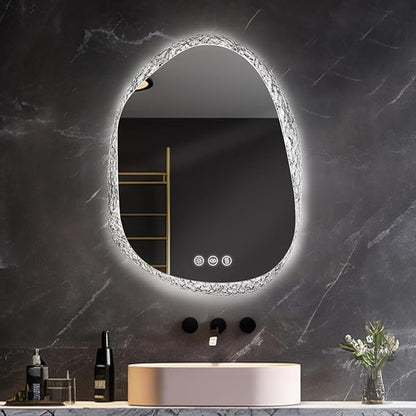 LUVODI Lighted LED Bathroom Mirror: 36”x28”Irregular Stone Pattern Frosted Wall Vanity Mirror with Bright Back Lit - Modern Dimmable Smart Mirror Anti Fog with Touch Switch Sensor for Restroom Bedroom