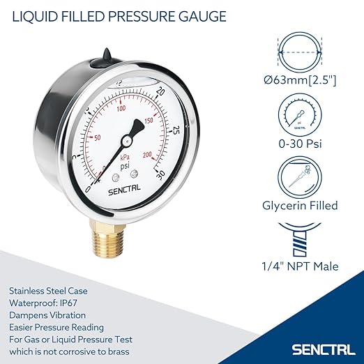 SENCTRL 0-30 PSI Glycerin Liquid Filled Low Pressure Gauge, 2.5" Dial Size, 1/4 NPT, Stainless Steel Case, Lower Mount, for Water Oil Air Pressure Test