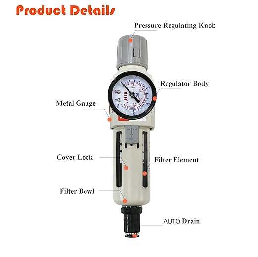 RIH 3/8"NPT Auto Drain Air Filter Pressure Regulator Combo Piggyback, 5 Micron Brass Element, Poly Bowl, Metal Bracket, 0-150 psi Gauge Air Tool Compressor Filter with Gauge (3/8"NPT Auto Drain)