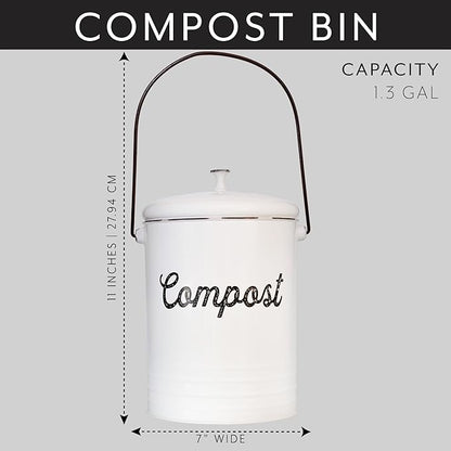 AuldHome Design Kitchen Compost Bin for Countertop | 1.3 Gallon Composting Bucket with Lid | Includes 3 Charcoal Filters | (White Enamel)