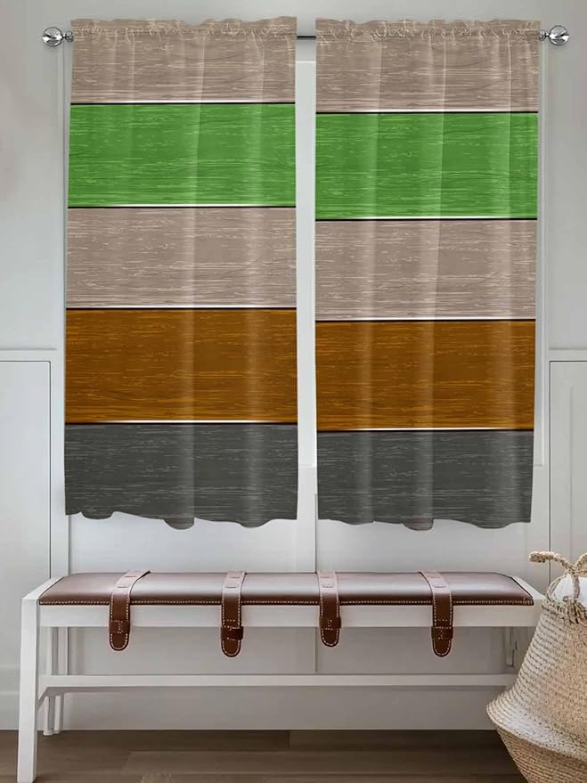 Farm Gray Green Brown Wood Grain Window Valance Curtains, Rustic Wooden Plank Light Filtering Kitchen Valance with 3-inch Rod Pocket for Living Room Bathroom Bedroom,2 Panel,52x72In