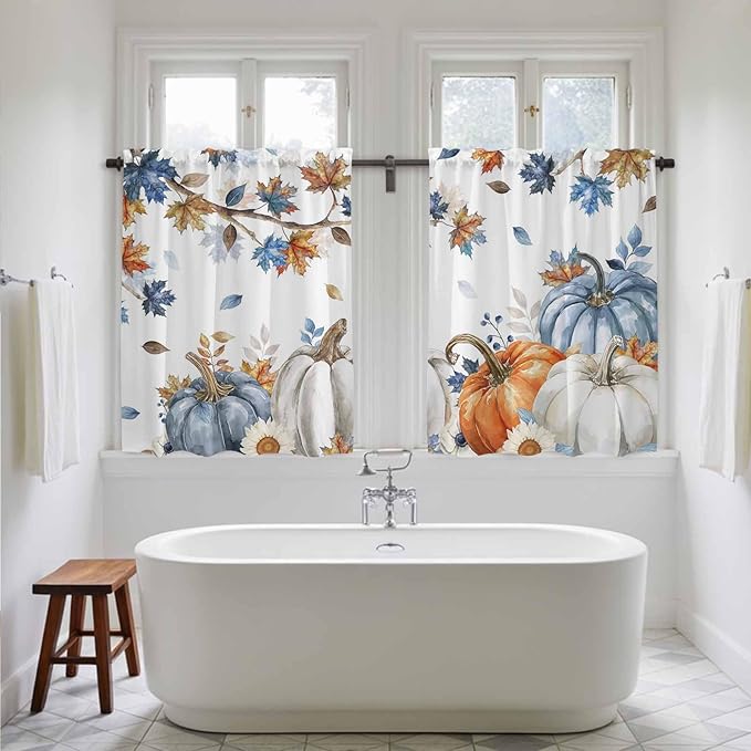 Navy Blue Pumpkin Fall Kitchen Curtains 45 Inch Long 2 Panel Set,Rod Pocket Window Treatment,Thanksgiving Maple Leaves Branches Light Filtering Short Curtains & Drapes for Bathroom Laundry 52"W x 45"L