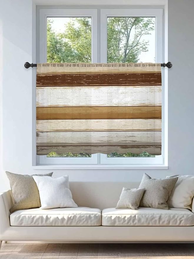 Sheer Curtains 54 Inch Length, Brown Wood Grain Semi Sheer Curtains Light Filtering Window Treatment, Vintage Country Geometric Striped Privacy Voile Drapes for Living Room Bedroom 52x54 Inch
