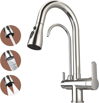 Kitchen Sink Faucet with Pull - Down Sprayer, 2 - Handle 3 - in - 1 Kitchen Sink Filter Faucet, Cold and Hot Mixer Drinking Water Faucet (3-in-1 Filter Faucet, Chrome)