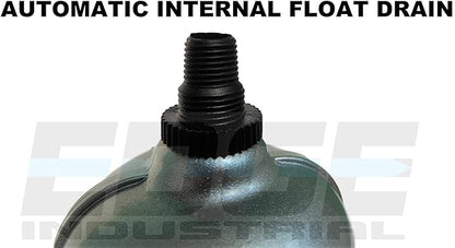 HEAVY DUTY INDUSTRIAL RATED HIGH FLOW PARTICULATE FILTER, IN-LINE WATER TRAP FOR COMPRESSED AIR LINE SYSTEMS, 5 MICRON WITH METAL BOWL AND AUTO DRAIN (3/4" NPT, 5oz)
