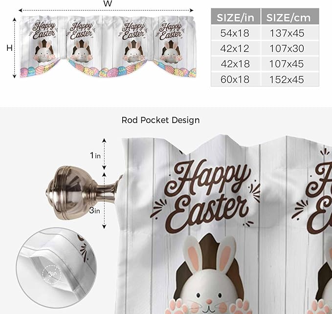Grey Easter Tie Up Valance Curtains for Windows, Kitchen Curtains Window Shades, Spring Cartoon Bunny Colorful Eggs Wood Grain Light Filtering Roman Curtain Valances for Bedroom/Bathroom/Cafe 42"x18"