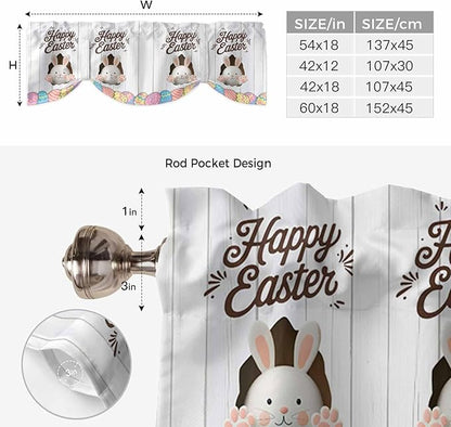 Grey Easter Tie Up Valance Curtains for Windows, Kitchen Curtains Window Shades, Spring Cartoon Bunny Colorful Eggs Wood Grain Light Filtering Roman Curtain Valances for Bedroom/Bathroom/Cafe 42"x18"
