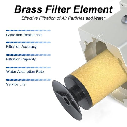 1"NPT Air Filter Regulator Combo Piggyback,5 Micron Brass Element, Semi-Auto Drain,Air Pressure Regulator AW5000-10,0-150 psi Gauge