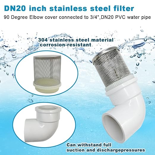DN20 inch stainless steel filter cover connected to 90 degree elbow 3/4" PVC DN20 water pipe, suction hose strainer used to remove debris and reduce solid entry(1pcs)