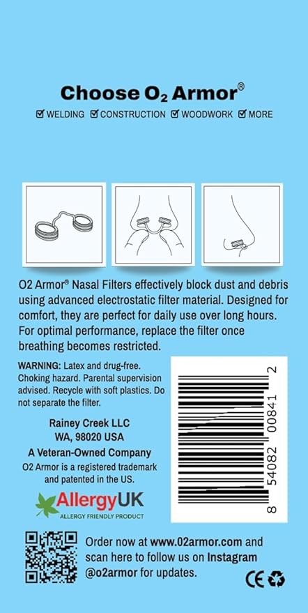 O2 Armor Nose Filters for Welders & Allergies - Nose Filter for Dust - Nasal Filters for Welding - Nose Dust Mask for Construction (30 Pack - 3x10, Size Large)