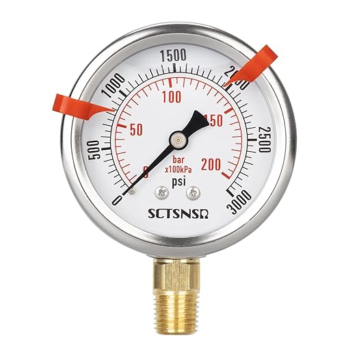 0 to 3000 Psi Pressure Gauge, Glycerin Liquid Filled, 2.5 inch Dial, 1/4" NPT Lower Mount, Stainless Steel Case, for Regulator, Brew Setup, Beer, Kombucha, HVAC, Hydraulic, High Pressure Test