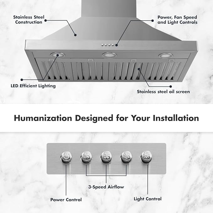48 inch Wall Mount Range Hood Vent Convertible Vent 800CFM Stainless Steel for Kitchen 4 Speed Exhaust Fan ETL listed(48 inch Single motor)