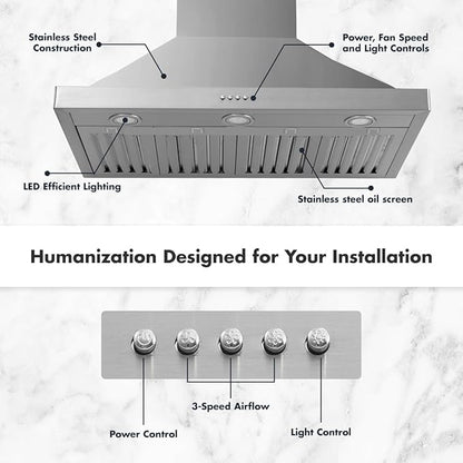 48 inch Wall Mount Range Hood Vent Convertible Vent 800CFM Stainless Steel for Kitchen 4 Speed Exhaust Fan ETL listed(48 inch Single motor)