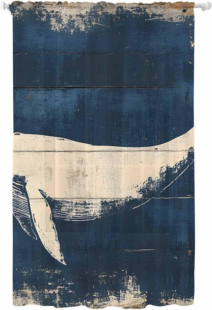 Sheer Curtains 96 Inches Long, Ocean Whale Blue Semi Sheer Curtains Light Filtering Window Treatment, Summer Coastal Vintage Wood Grain Privacy Voile Drapes for Living Room Bedroom 52x96 Inch
