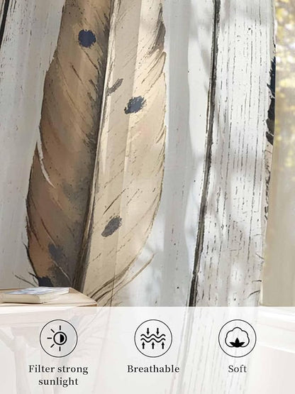Sheer Curtains 45 Inch Length, Farmhouse Feather Semi Sheer Curtains Light Filtering Window Treatment, Watercolor Vintage Wooden Grain Privacy Voile Drapes for Living Room Bedroom 52x45 Inch