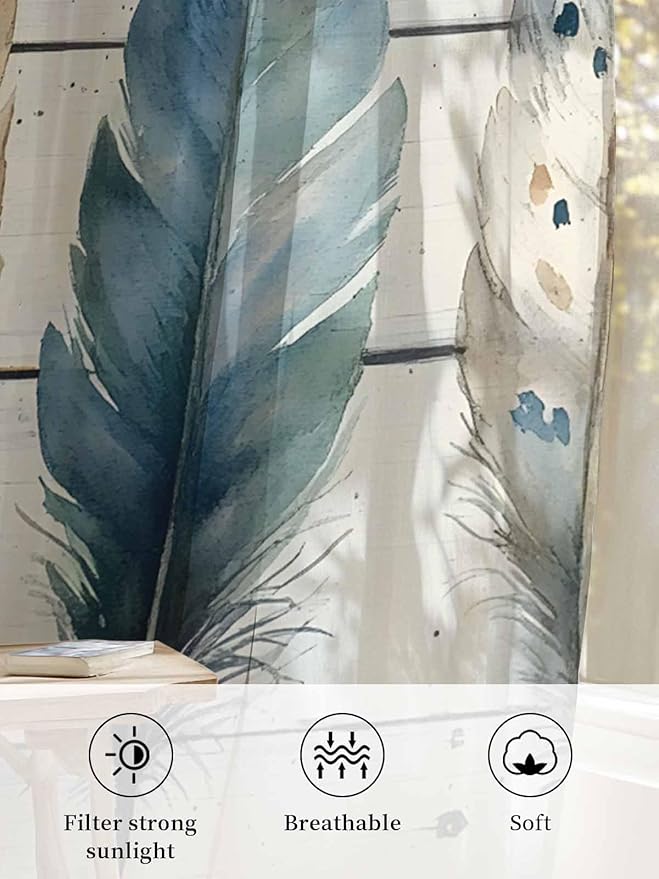 Sheer Curtains 45 Inch Length, Boho Blue Feathers Semi Sheer Curtains Light Filtering Window Treatment, Country Vintage Wooden Grain Privacy Voile Drapes for Living Room Bedroom 52x45 Inch