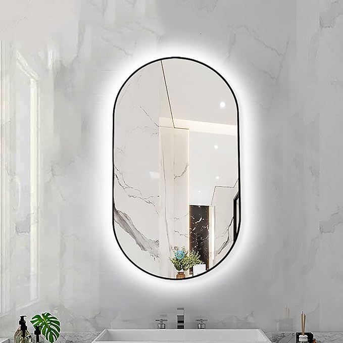 Oval LED Illuminated Bathroom Mirror, Wall-mounted Vanity Makeup Mirror with Demister Pad, 3 Dimmable Color Temperatures & Touch Control, Metal Frame Anti-Fog Lighted Wall Mirror ( Color : Black Frame