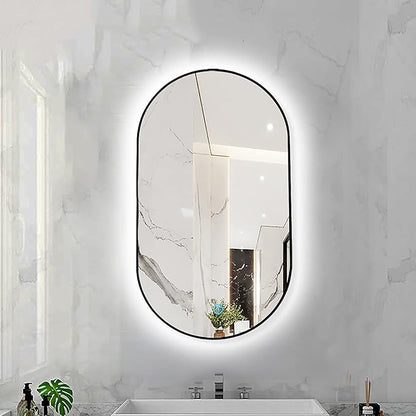 Oval LED Illuminated Bathroom Mirror, Wall-mounted Vanity Makeup Mirror with Demister Pad, 3 Dimmable Color Temperatures & Touch Control, Metal Frame Anti-Fog Lighted Wall Mirror ( Color : Black Frame