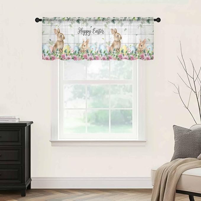 Easter Sheer Valances for Windows 60"x18", Light Filtering Kitchen Curtains Valance, Spring Watercolor Bunny Eggs Flower Leaf Wooden Grey Rod Pocket Chiffon Curtains for Living Room Bedroom Cafe