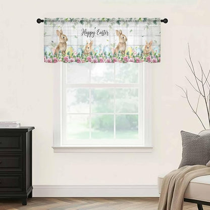 Easter Sheer Valances for Windows 42"x12", Light Filtering Kitchen Curtains Valance, Spring Watercolor Bunny Eggs Flower Leaf Wooden Grey Rod Pocket Chiffon Curtains for Living Room Bedroom Cafe