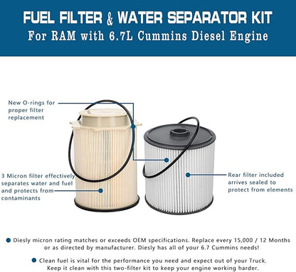 6.7L Cummins Diesel Fuel Filter Fuel Water Separator Set for 2019 2020 2021 2022 Dodge Ram 2500 3500 4500 5500 Turbo Diesel Engines Replaces 68157291AA and 68436631AA MF-608 MO-291