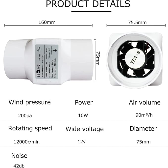 Inline Extractor Duct Fan with Speed Controller 3 Inch/75mm Air Diffuser Booster 10W 12V Air Circulation Blower for Greenhouse Attic Wardrobe