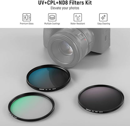 NEEWER 55mm UV CPL ND Lens Filter Kit, UV Protection + Circular Polarizing + Neutral Density (ND8) Camera Lens Filter Set with Multicoated Optical Glass, Slim Frame & Upgraded Foldable Storage Case