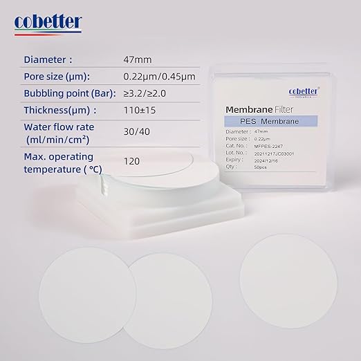 100 Pieces/Pack PES Disc Membrane Filters Hydrophilic 47mm Diameter 0.22µm Pore Size