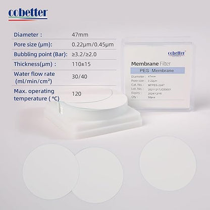 100 Pieces/Pack PES Disc Membrane Filters Hydrophilic 47mm Diameter 0.22µm Pore Size