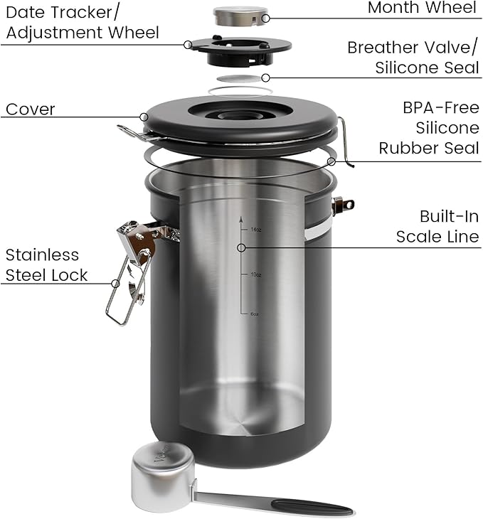 Veken Large Coffee Canister with Window, Kitchen Food Storage Airtight Stainless Steel Container for 2.2lbs Coffee Beans, Grounds, Rice,Tea, Flour, Cereal, Sugar Jars,Date Tracker and Scoop 39oz,Black