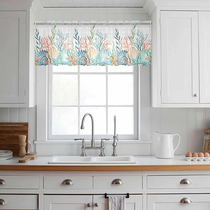 Summer Beach Sheer Valance Curtains, Ocean Colorful Coral Shell Seaweed Starfish Light Filtering Kitchen Valances Rod Pocket Voile Curtain Window Treatment for Bedroom/Living Room/Basement 60Wx18L