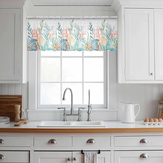 Summer Beach Sheer Valance Curtains, Ocean Colorful Coral Shell Seaweed Starfish Light Filtering Kitchen Valances Rod Pocket Voile Curtain Window Treatment for Bedroom/Living Room/Basement 54Wx18L