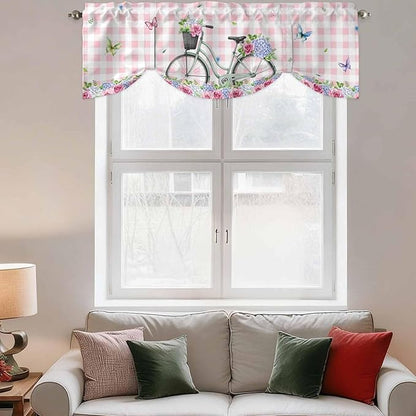 Spring Tie Up Valance Curtains for Windows, Kitchen Curtains Window Shades, Bicycles Leaves Butterfly Flowers Pink Buffalo Plaid Light Filtering Curtain Valances for Bedroom/Bathroom/Cafe 42"x18"