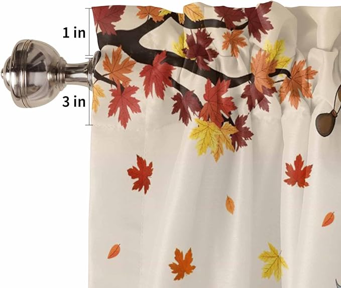 Fall Kitchen Curtain Set, Orange Pumpkins Thanksgiving Gnomes Autumn Maple Leaf Window Valance and Tiers 24" Length, Light Filtering Short Curtains Valance for Cafe Bathroom Bedroom 54"x18"