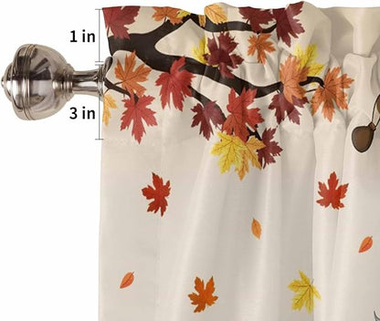 Fall Kitchen Curtain Set, Orange Pumpkins Thanksgiving Gnomes Autumn Maple Leaf Window Valance and Tiers 24" Length, Light Filtering Short Curtains Valance for Cafe Bathroom Bedroom 54"x18"