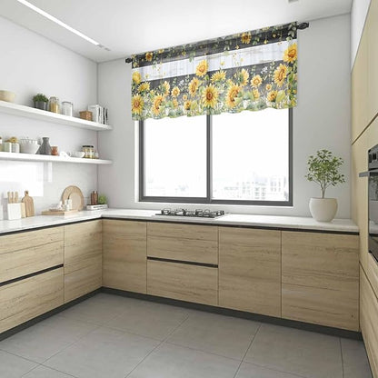 Summer Floral Sheer Valance Curtains, Watercolor Sunflower Eucalyptus Leaves Black Wood Grain Light Filtering Kitchen Valances Rod Pocket Voile Curtain for Bedroom/Living Room/Basement 60Wx18L
